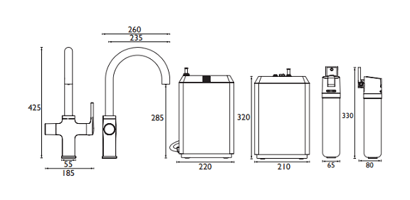 Specification drawing for the 4 in 1 Boiling Water taps