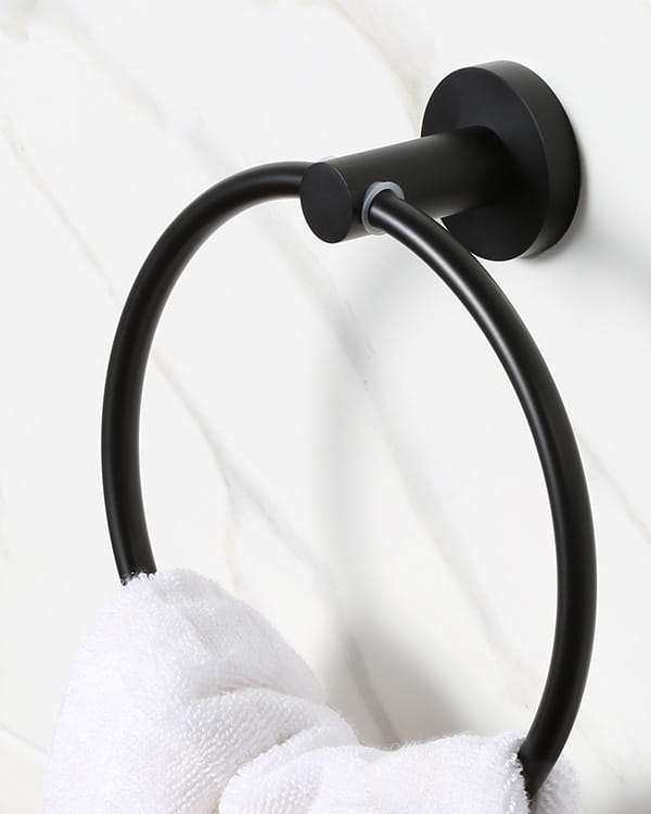 Bristan Round bathroom accessories, including a robe hook and toilet roll holder, in black