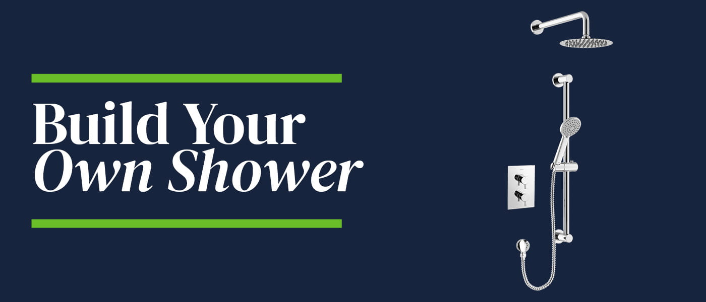 Build Your Own Shower graphic featuring a customisable Bristan shower configuration with overhead and handset shower components.