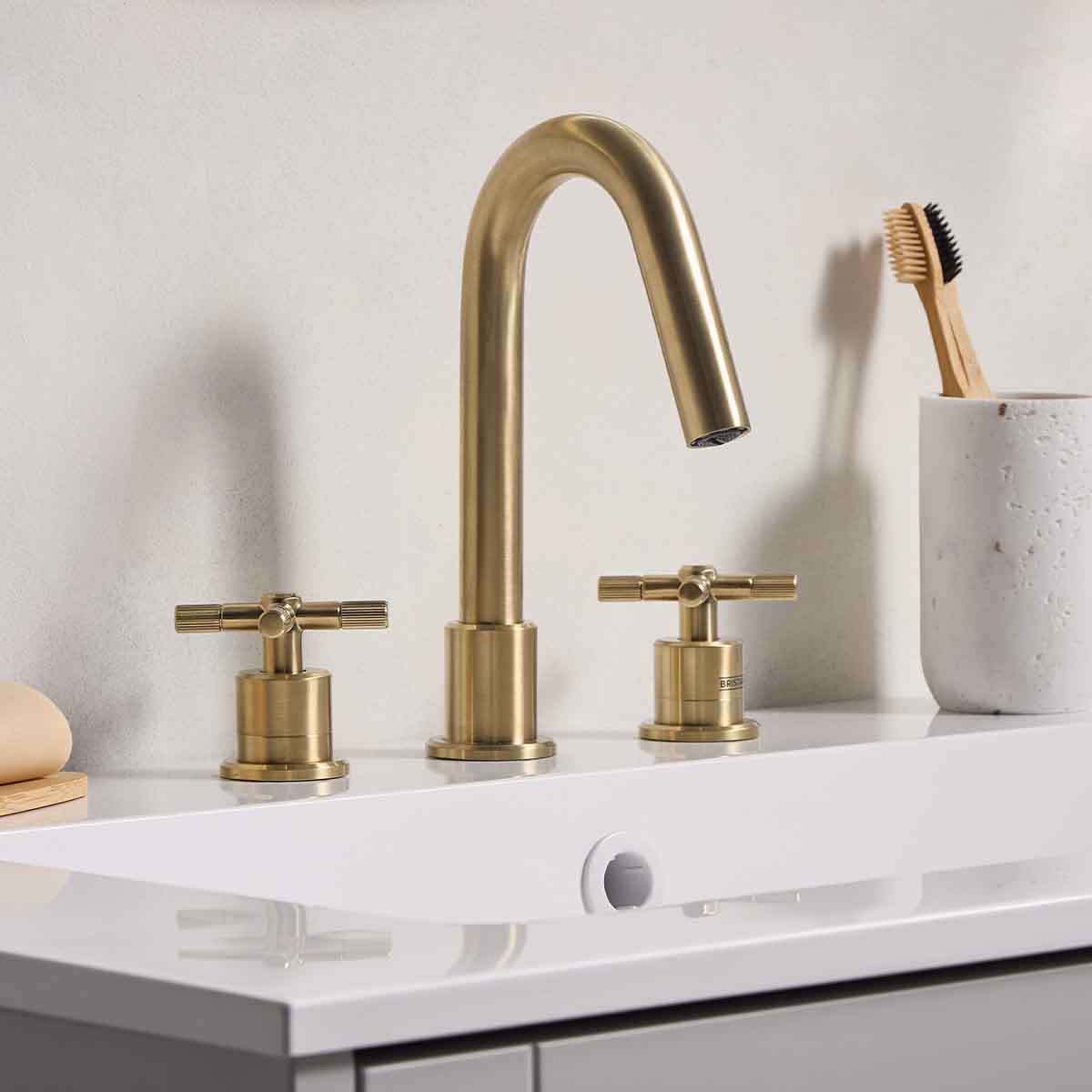 Bristan Cruzar three-hole basin mixer in brushed brass finish