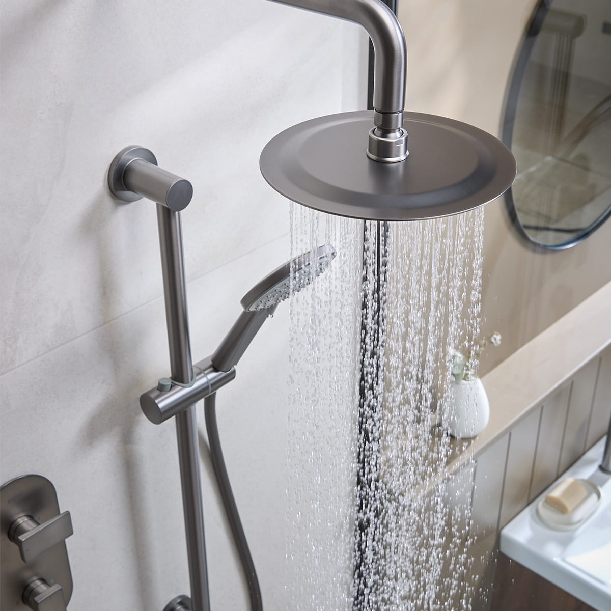 Bristan Frammento shower pack in gun metal finish in a contemporary bathroom