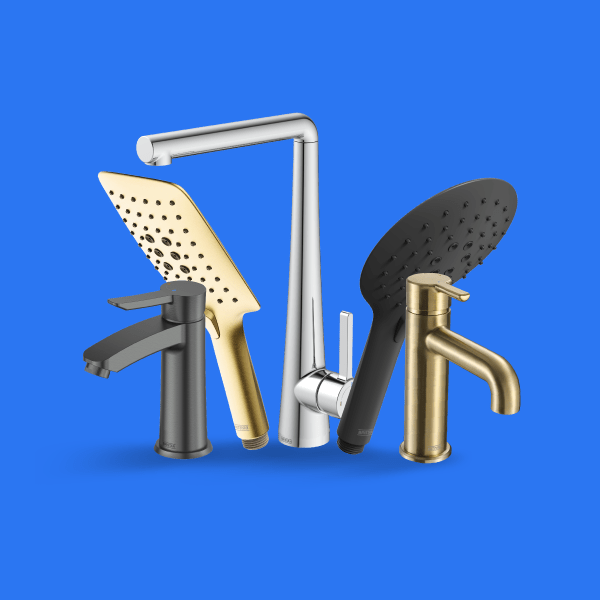 Collection of Bristan kitchen taps and shower handsets in chrome, black and brushed brass finishes