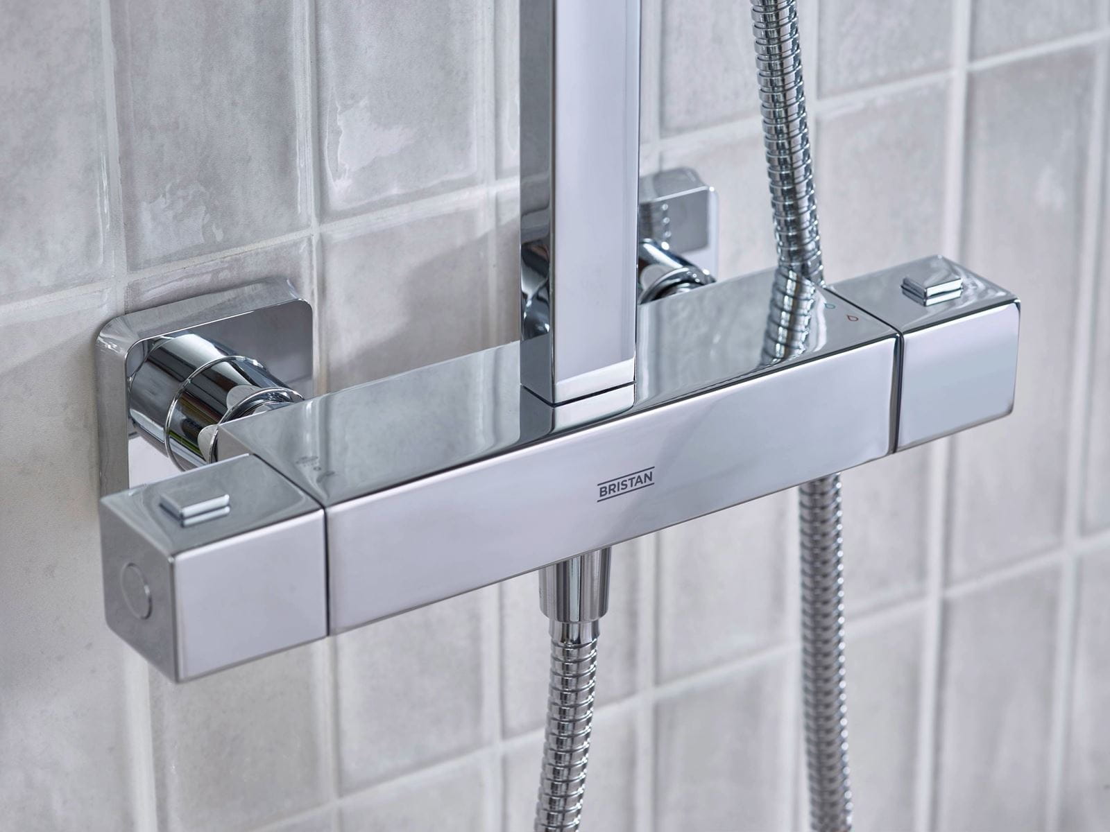 Bristan chrome thermostatic bar shower installed in a contemporary bathroom