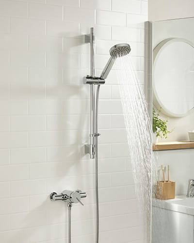 Bristan Sonique thermostatic mini valve shower with angular styling and peg lever handles