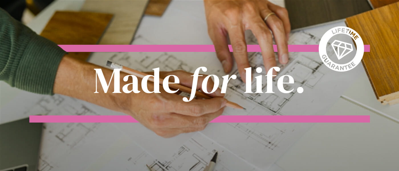 Architectural drawings and design materials for a bathroom specification project, with the Bristan Made for life campaign message