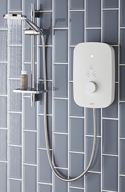 Sleek white and chrome electric shower from Bristan