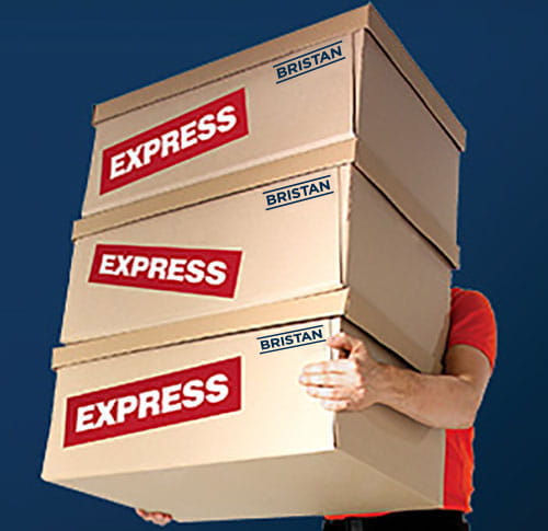 A picture of a driver delivering boxes of bristan goods highlighting our nex day delivery options