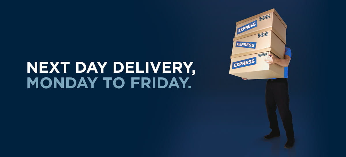 A picture of a driver delivering boxes of bristan goods highlighting our next day delivery options