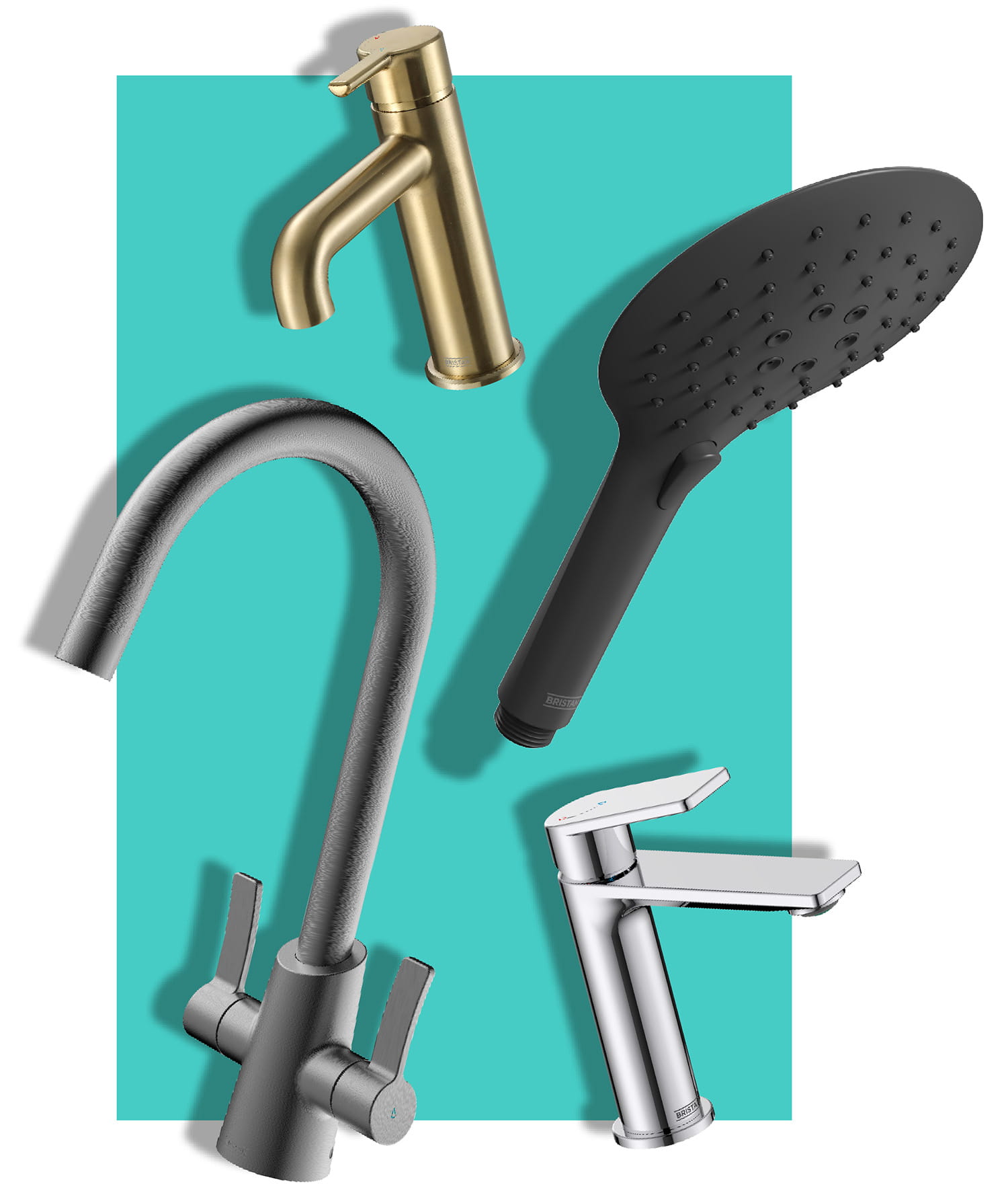Bristan taps and shower handset in brushed brass, gun metal, black and chrome finishes on a teal background